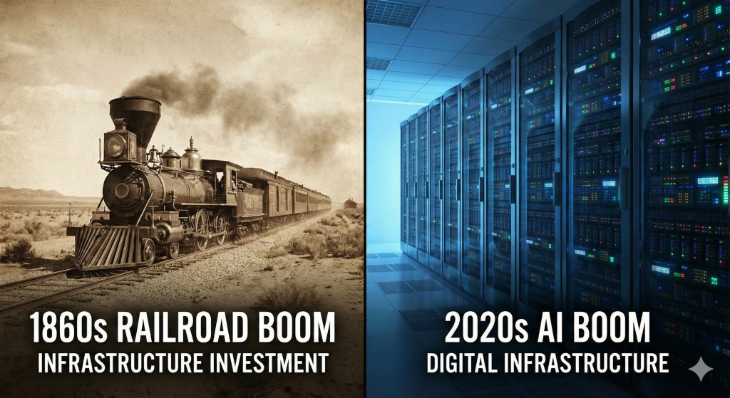 A split graphic comparing a "Railroad" train (1860s) and a "Server Rack"