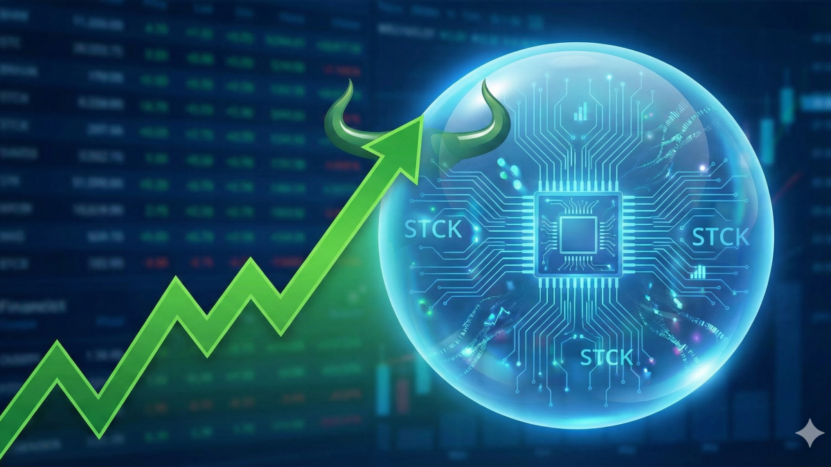 Illustration of an artificial intelligence stock market bubble