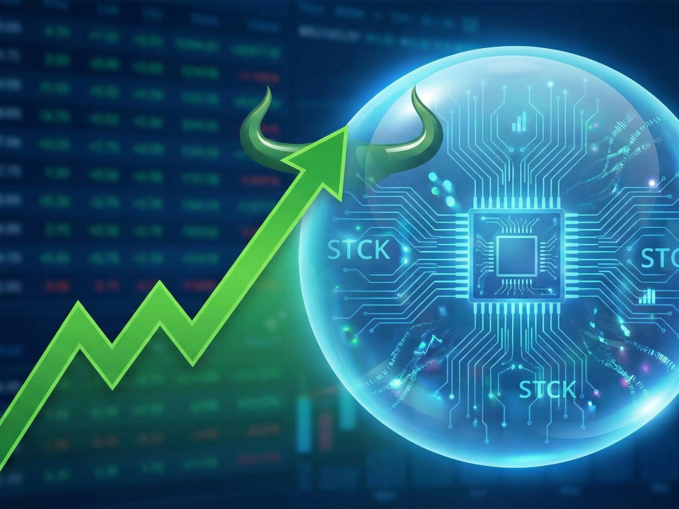 Illustration of an artificial intelligence stock market bubble